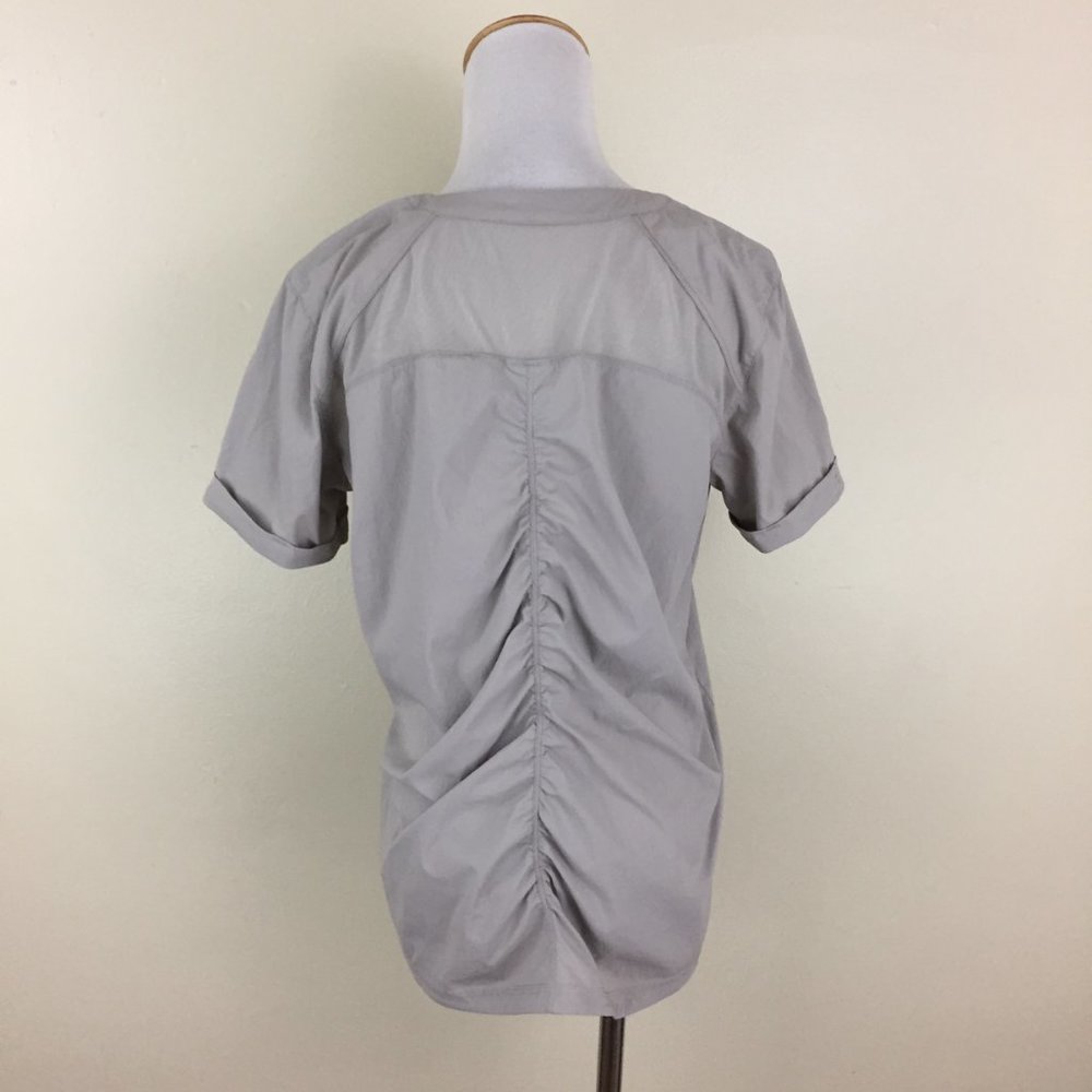 INDYGENA Taupe Ruching Back Short Sheer Sleeve Insert 1/4 Hidden Zip Shirt - Picture 9 of 11